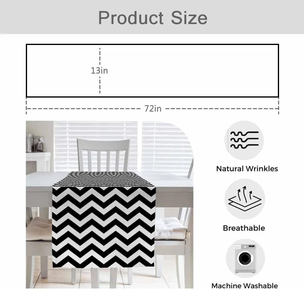HOSNYE Table Runner Black Chevron Zigzag,Cotton Linen Table Runner Decoration for Kitchen Family Dinner Table Holiday Party Farmhouse Style 13 x 72 Inch