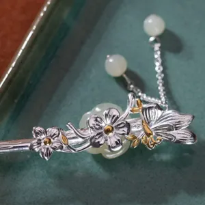 Hotan Jade S925 Silver Hairpin Butterfly with Pearl and Plum Blossom Chinese Hanfu Style Hair Sticks Retro Handmade Hair Clip Hair Accessories for Women Girls Long Hair (Hotan Jade)