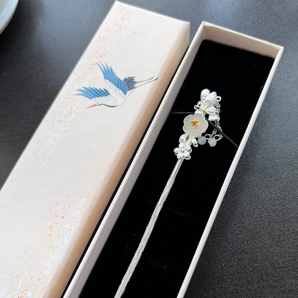 Hotan Jade S925 Silver Hairpin Butterfly with Pearl and Plum Blossom Chinese Hanfu Style Hair Sticks Retro Handmade Hair Clip Hair Accessories for Women Girls Long Hair (Hotan Jade)