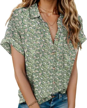 HOTOUCH Women Linen Shirts Button Down Cotton Short Sleeve Blouses V Neck Collared Button-up Gauze Tops S-3XL