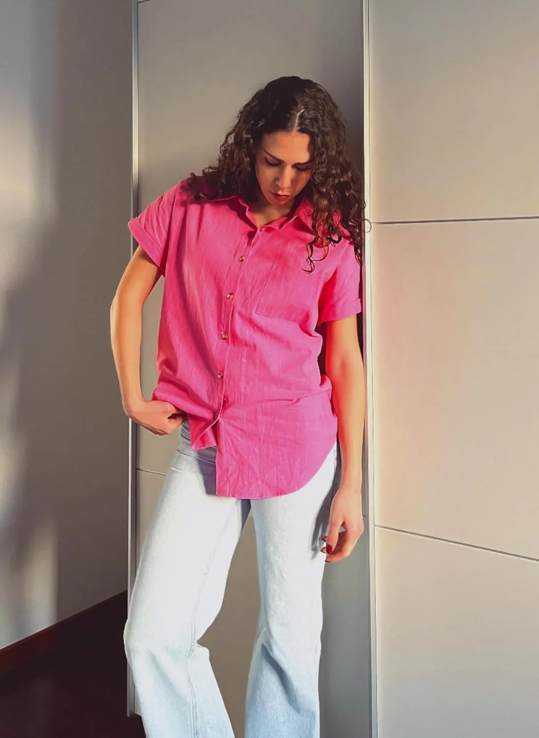 HOTOUCH Women Linen Shirts Button Down Cotton Short Sleeve Blouses V Neck Collared Button-up Gauze Tops S-3XL
