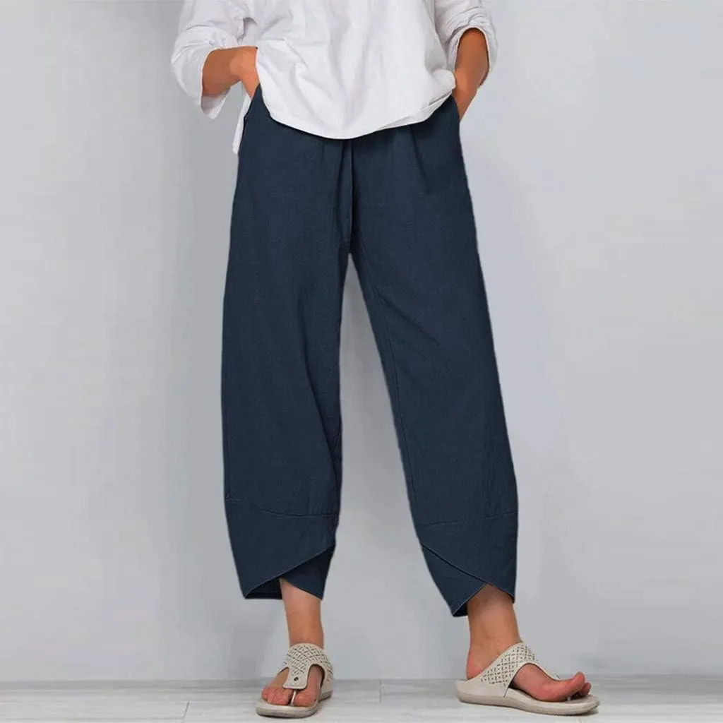 HOTYD Cotton Linen Pants Casual Summer Capri Pants for Women Baggy Elastic Waisted Yoga Trousers Wide Leg Cropped Pants