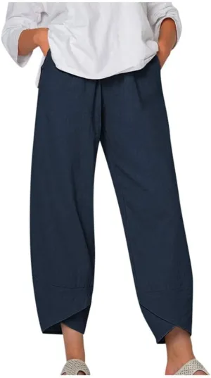 HOTYD Cotton Linen Pants Casual Summer Capri Pants for Women Baggy Elastic Waisted Yoga Trousers Wide Leg Cropped Pants