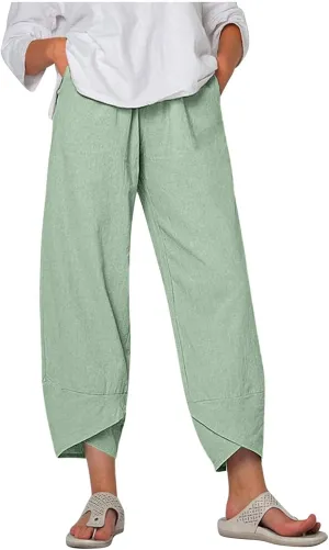 HOTYD Cotton Linen Pants Casual Summer Capri Pants for Women Baggy Elastic Waisted Yoga Trousers Wide Leg Cropped Pants