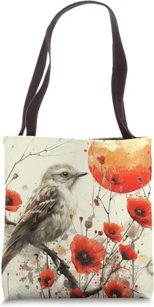 House Wren Bird Lover Van Gogh Style Poppy Flower Tote Bag