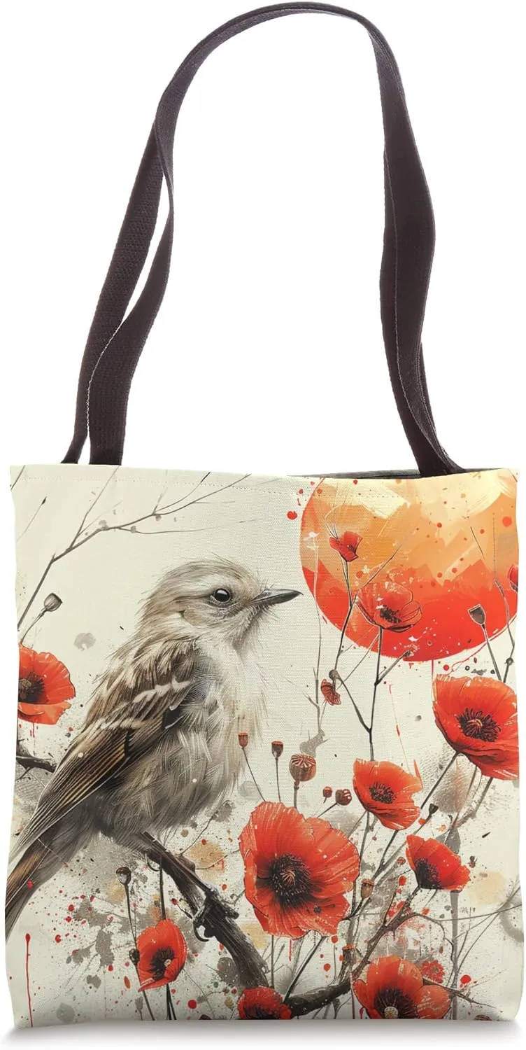 House Wren Bird Lover Van Gogh Style Poppy Flower Tote Bag