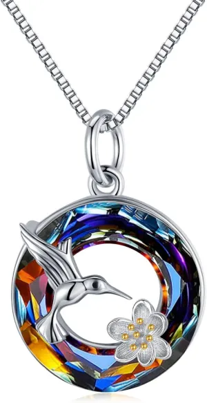 Hummingbird Necklace Jewelry for Women 925 Sterling Silver Cute Bird Pendant Necklace with Crystal Gifts for Girls Birthday