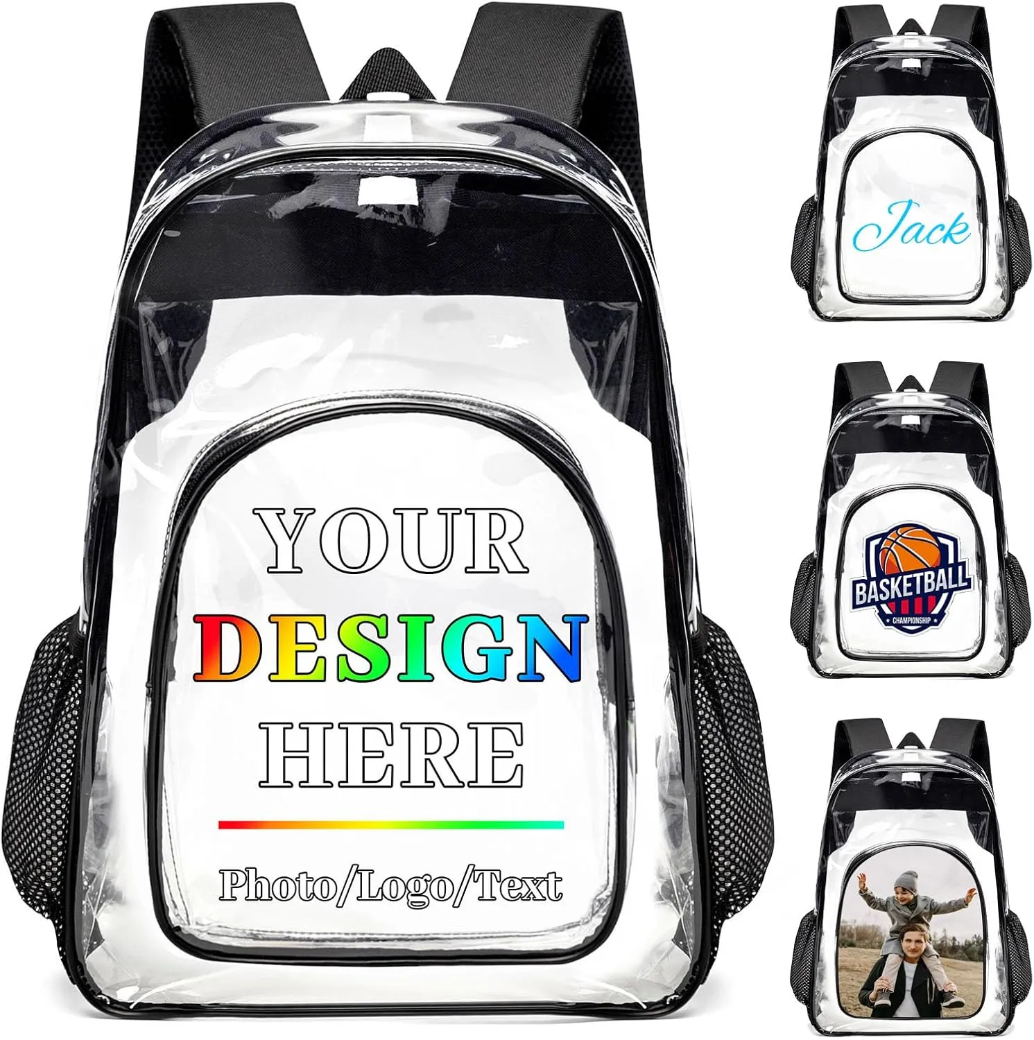 Husguciy Custom Clear Backpack, Personalized Clear Backpack with Your Photo Logo Text for Work Travel Sport Events, Customized Transparent Bag for Adults Men Women