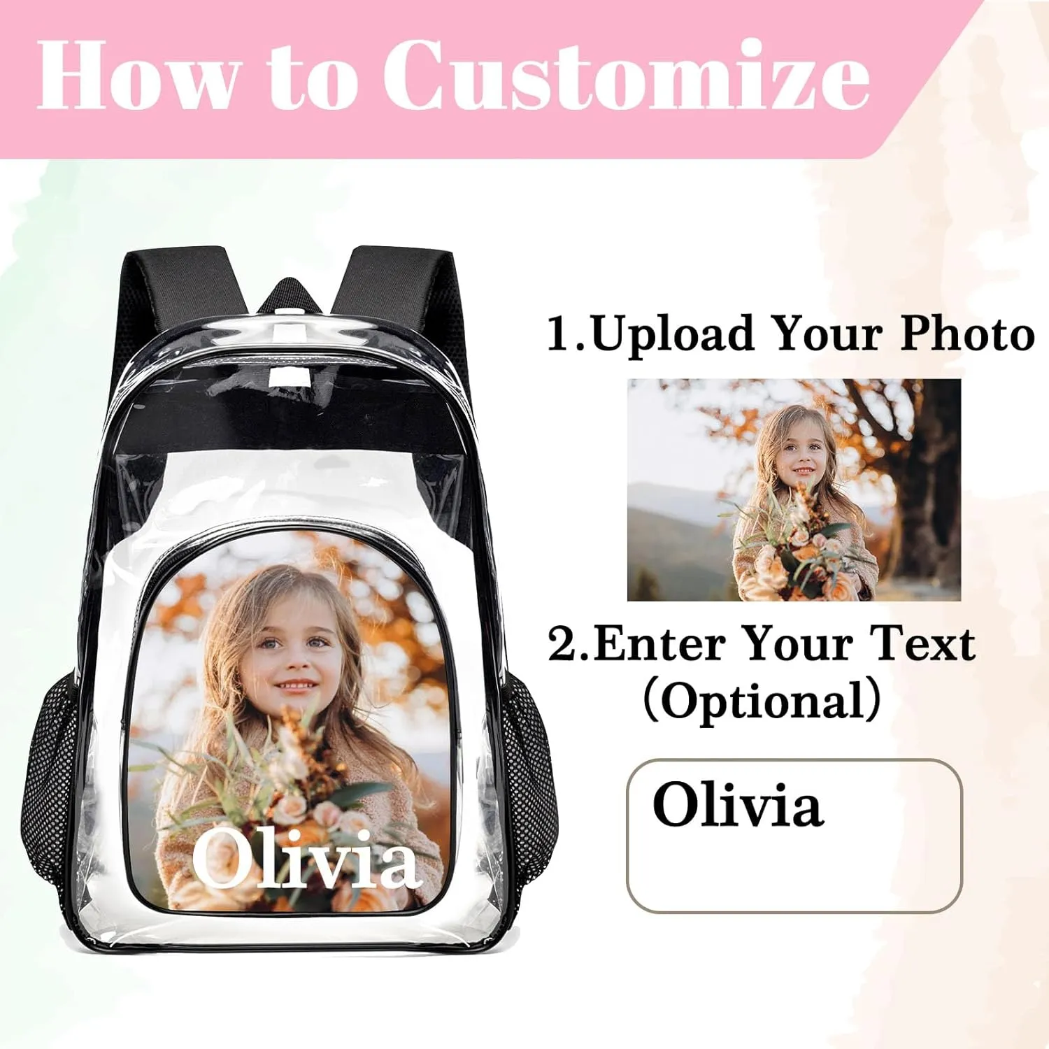 Husguciy Custom Clear Backpack, Personalized Clear Backpack with Your Photo Logo Text for Work Travel Sport Events, Customized Transparent Bag for Adults Men Women