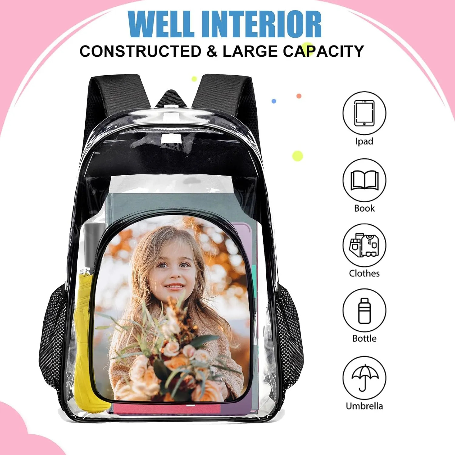 Husguciy Custom Clear Backpack, Personalized Clear Backpack with Your Photo Logo Text for Work Travel Sport Events, Customized Transparent Bag for Adults Men Women