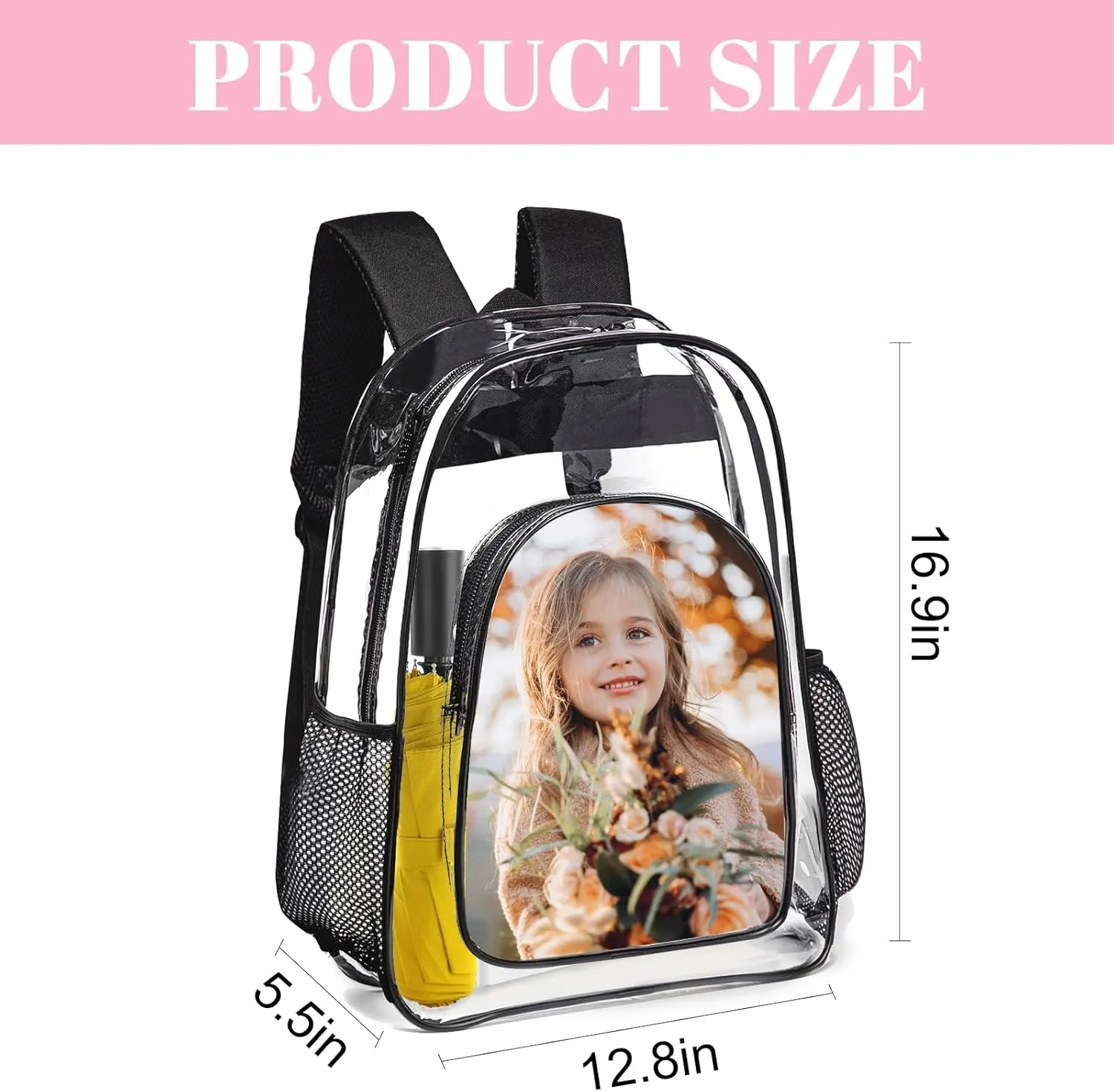 Husguciy Custom Clear Backpack, Personalized Clear Backpack with Your Photo Logo Text for Work Travel Sport Events, Customized Transparent Bag for Adults Men Women