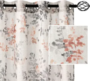 H.VERSAILTEX Sheer Linen Curtains 63 Inch Long Semi Sheer Curtains Draperies for Living Room/Bedroom Vintage Classical Floral Printing Window Treatment Grommet 2 Panels, Coral and Taupe