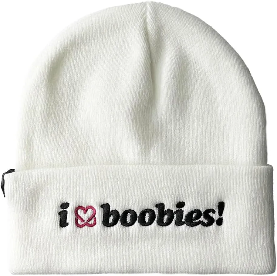 I Love Boobies! Embroidered Beanie Hat White
