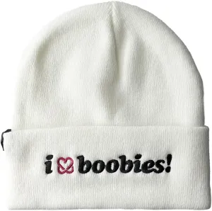 I Love Boobies! Embroidered Beanie Hat White