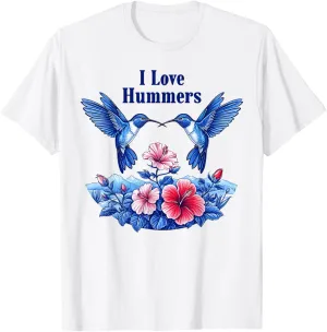 I Love Hummers Hummingbird Colibri Realistic Hibiscus Flower T-Shirt
