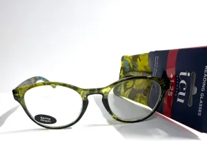 I.C.U. ICU eyewear reading glasses, scratch resistant lenses, speeding hinges, round green leaves inspired Pasadena 1.25, Translucent