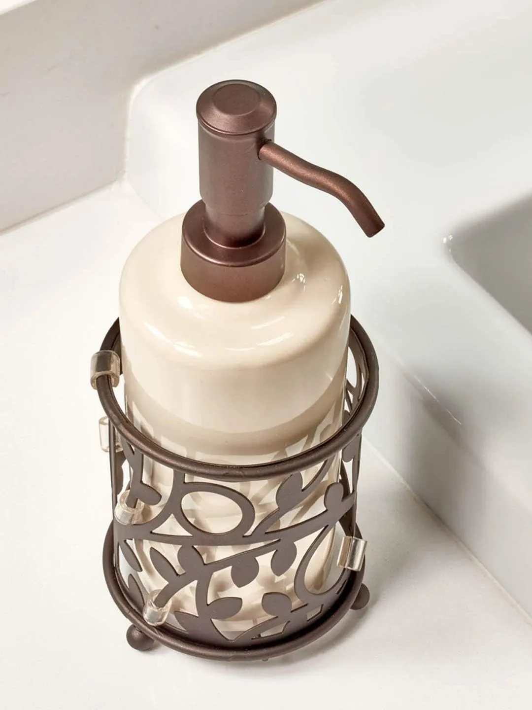 iDesign Ceramic Soap Dispenser Pump, The Vine Collection - 13oz, 3.5" x 3.5" x 8.75", Vanilla and Bronze