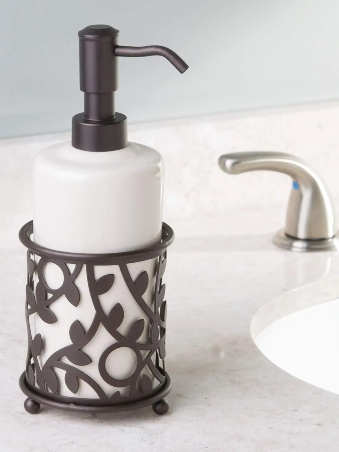 iDesign Ceramic Soap Dispenser Pump, The Vine Collection - 13oz, 3.5" x 3.5" x 8.75", Vanilla and Bronze