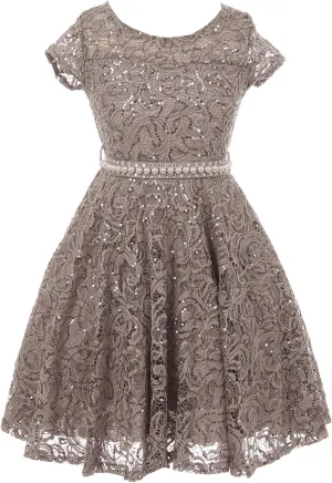 iGirlDress Cap Sleeve Floral Lace Glitter Pearl Holiday Party Flower Girl Dress Size4-14