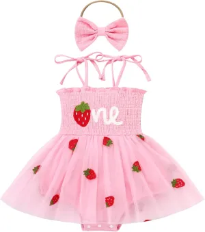 IMEKIS Baby Girl Strawberry One Birthday Outfit Boho Romper Tulle Dress Headband Summer Cake Smash Photo Shoot