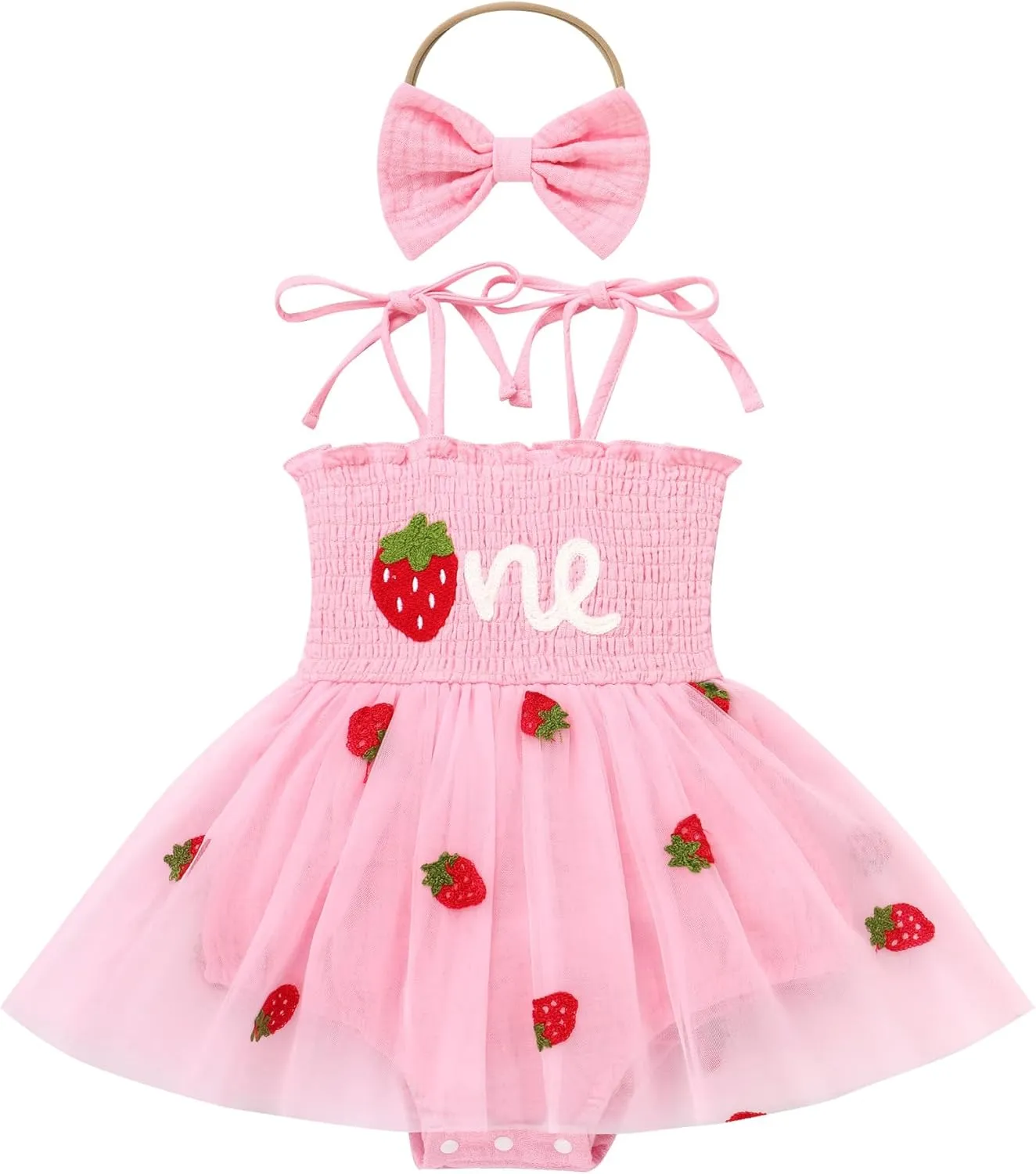 IMEKIS Baby Girl Strawberry One Birthday Outfit Boho Romper Tulle Dress Headband Summer Cake Smash Photo Shoot