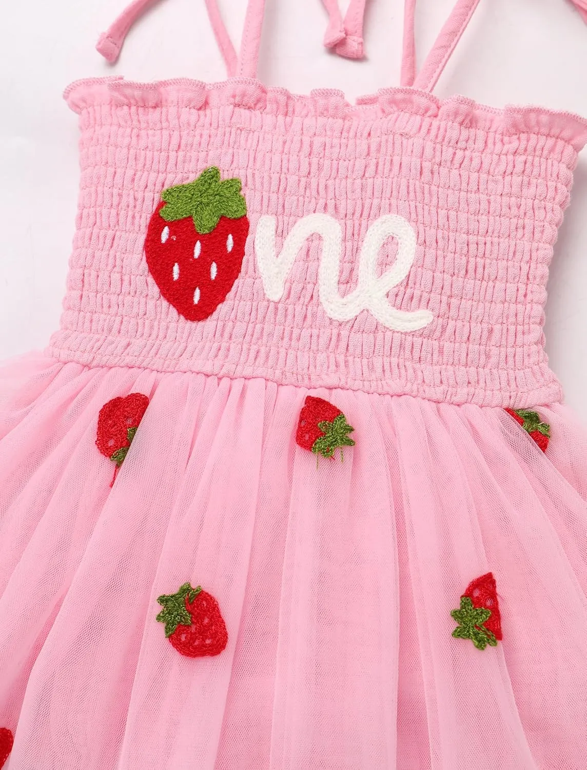 IMEKIS Baby Girl Strawberry One Birthday Outfit Boho Romper Tulle Dress Headband Summer Cake Smash Photo Shoot
