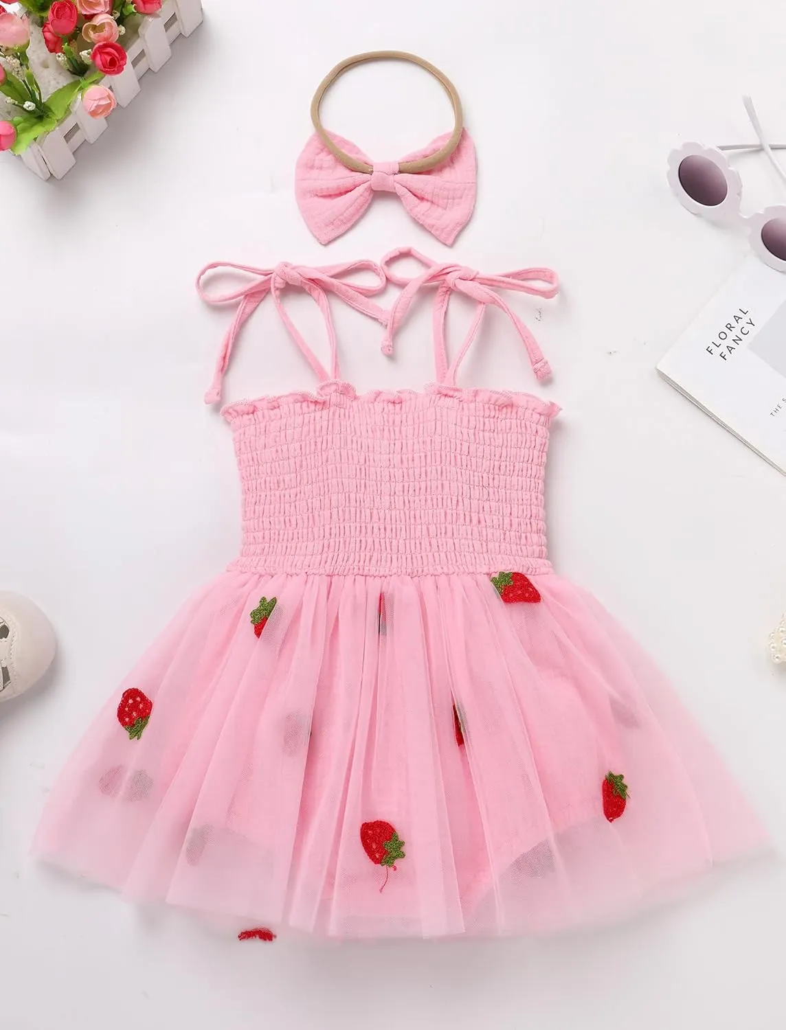 IMEKIS Baby Girl Strawberry One Birthday Outfit Boho Romper Tulle Dress Headband Summer Cake Smash Photo Shoot