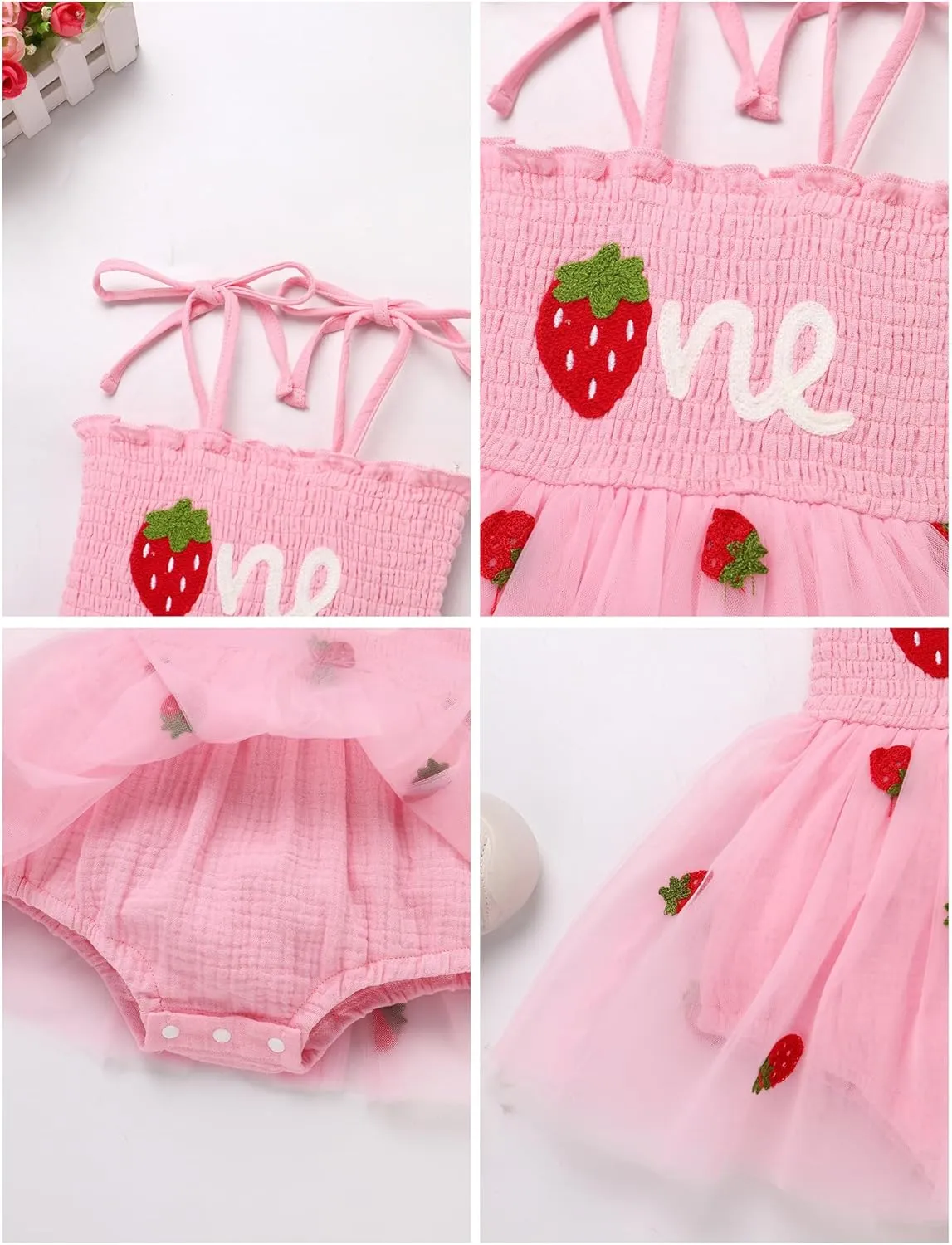 IMEKIS Baby Girl Strawberry One Birthday Outfit Boho Romper Tulle Dress Headband Summer Cake Smash Photo Shoot