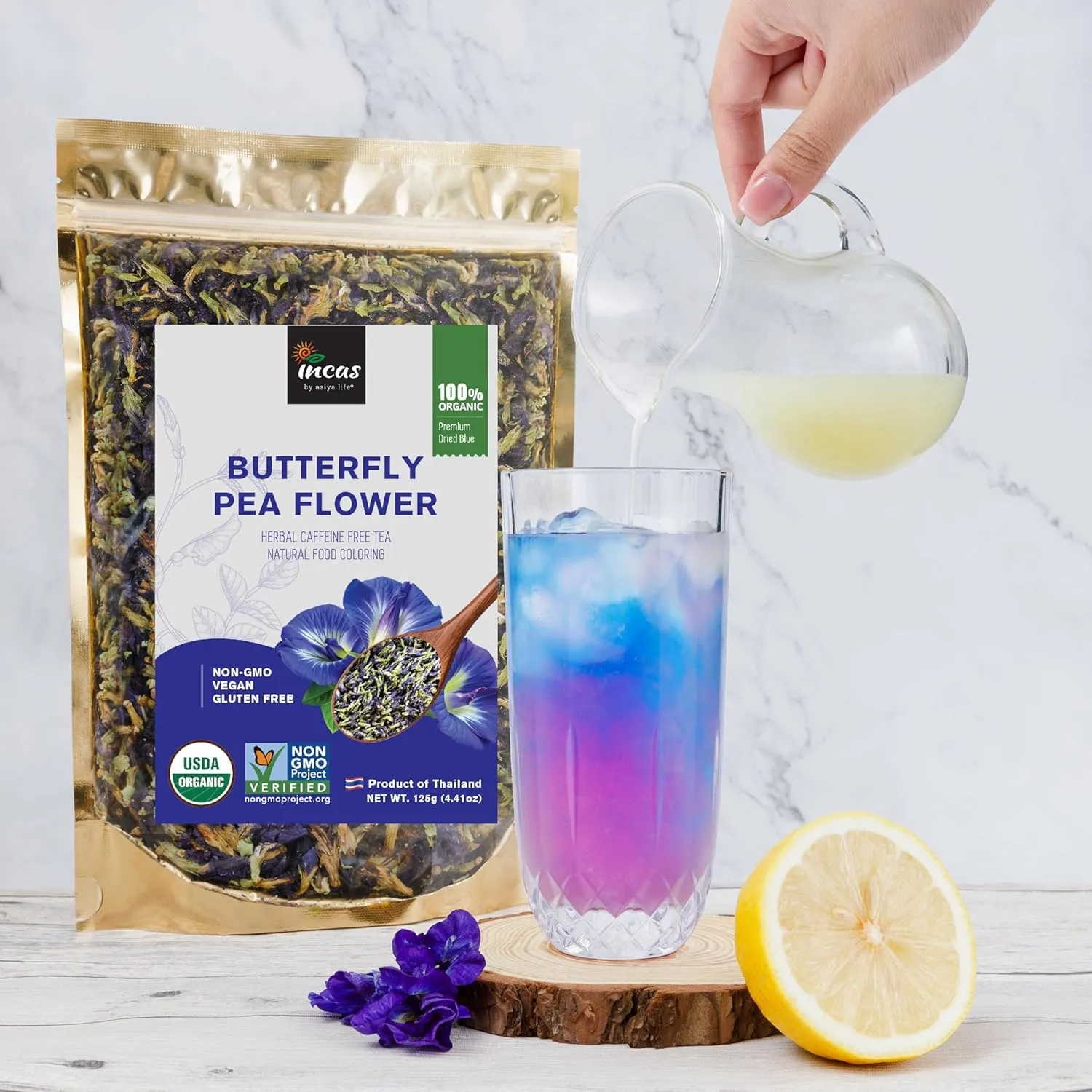 INCAS 100% USDA Organic Butterfly Pea Flower 4.41 oz (375  Cups) DIRECT FROM SOURCE Thailand Non GMO Verified Dried Caffeine Free Gluten Free Vegan Rich in Antioxidants Free eBook