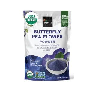 INCAS 100% USDA Organic Butterfly Pea Flower Powder - 4 Ounce | Organic Blue Matcha Tea | Non-GMO Verified Extract from Thailand | Adaptogenic Raw Culinary | Vegan Blue Food Coloring