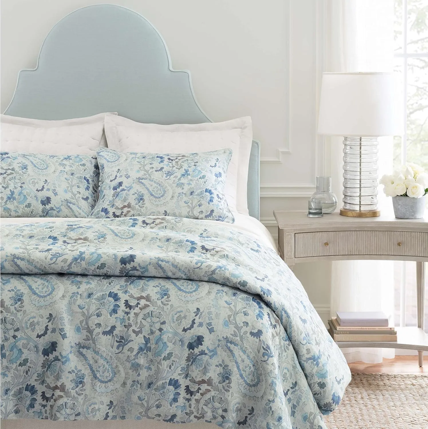 INES Linen Blue Duvet Sham, Euro Size, Blue Paisley Pattern