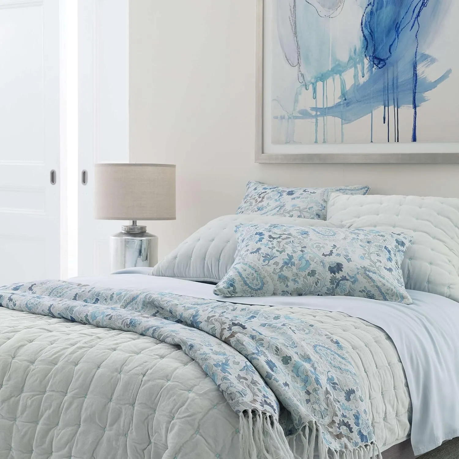 INES Linen Blue Duvet Sham, Euro Size, Blue Paisley Pattern
