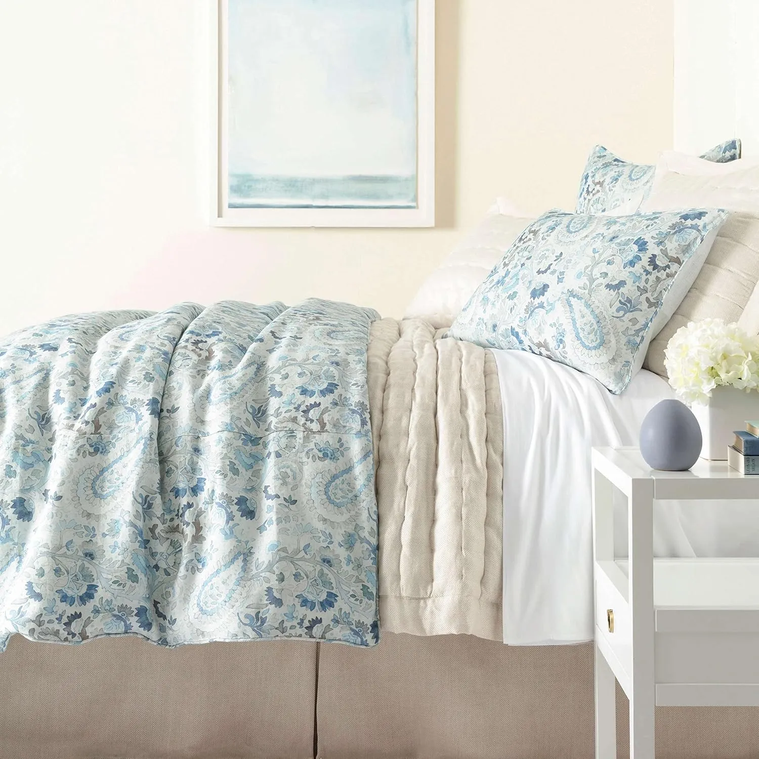 INES Linen Blue Duvet Sham, Euro Size, Blue Paisley Pattern