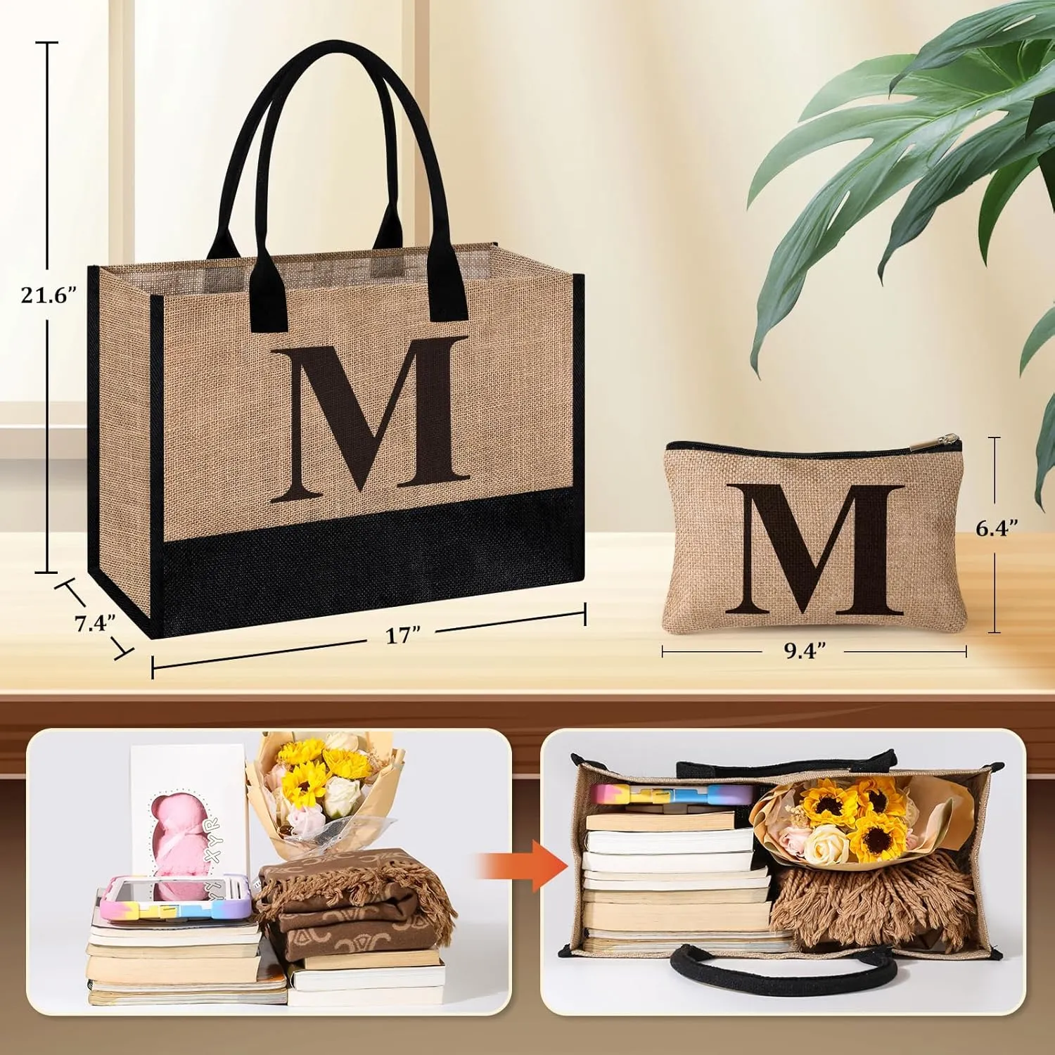 Initial Jute Tote Bag & Makeup Bag, Birthday Gifts for Women Her Mom Teachers Friends