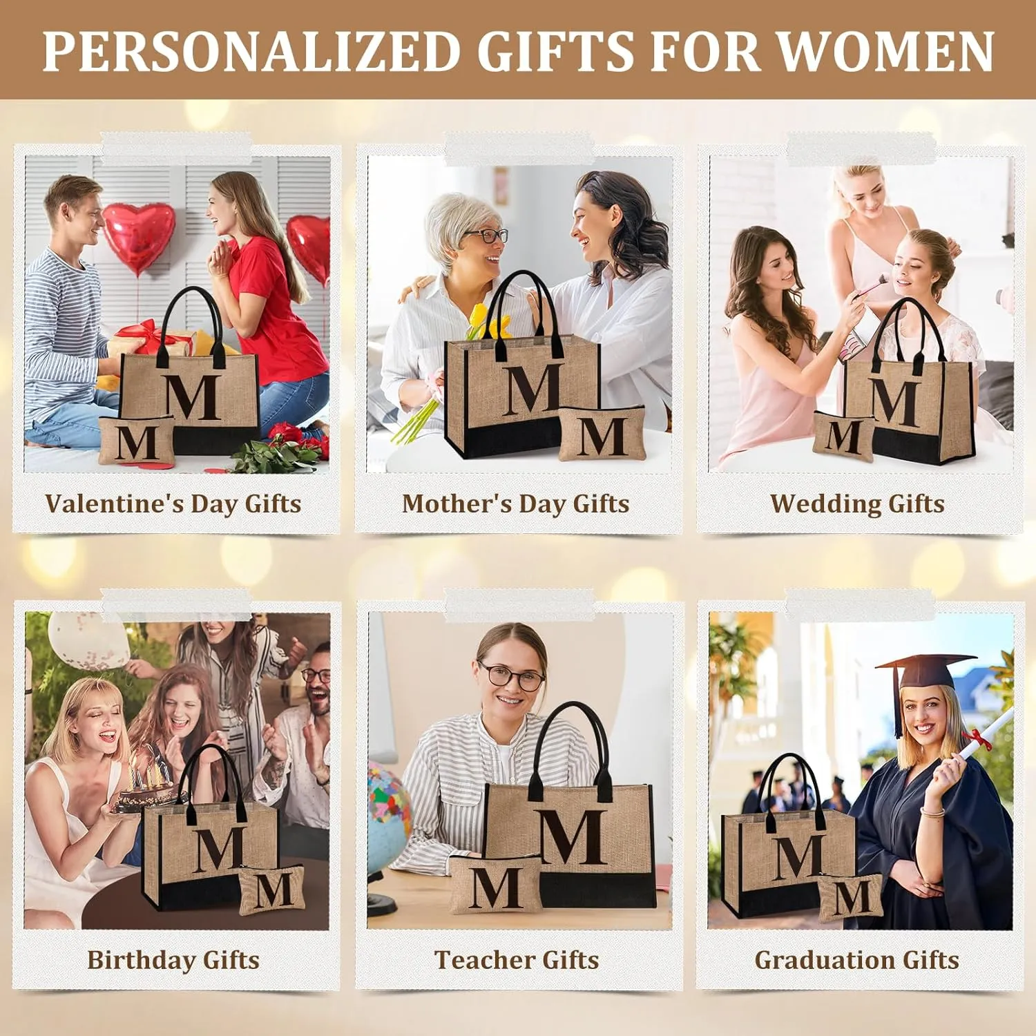 Initial Jute Tote Bag & Makeup Bag, Birthday Gifts for Women Her Mom Teachers Friends
