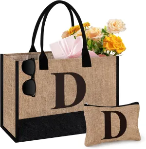 Initial Jute Tote Bag & Makeup Bag, Birthday Gifts for Women Her Mom Teachers Friends