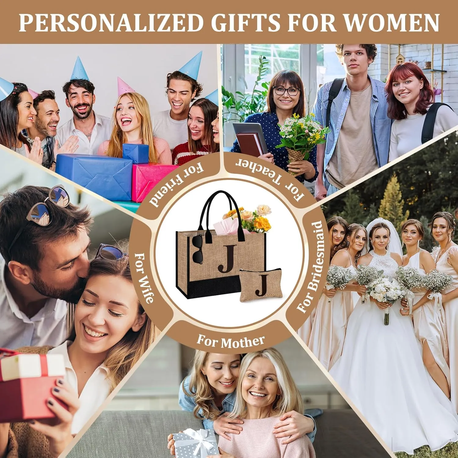 Initial Jute Tote Bag & Makeup Bag, Birthday Gifts for Women Her Mom Teachers Friends