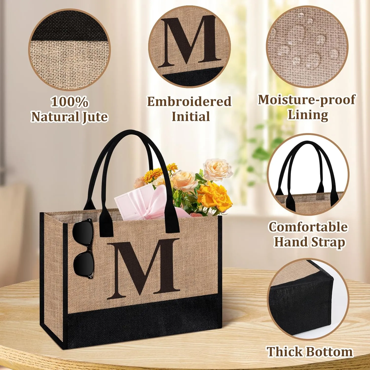Initial Jute Tote Bag & Makeup Bag, Birthday Gifts for Women Her Mom Teachers Friends
