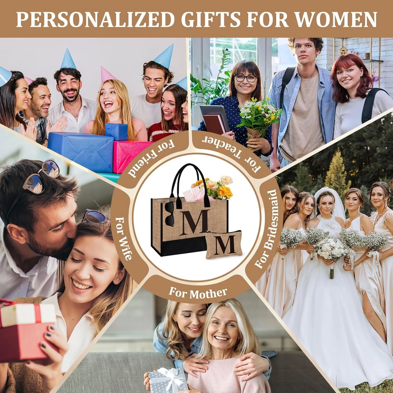 Initial Jute Tote Bag & Makeup Bag, Birthday Gifts for Women Her Mom Teachers Friends