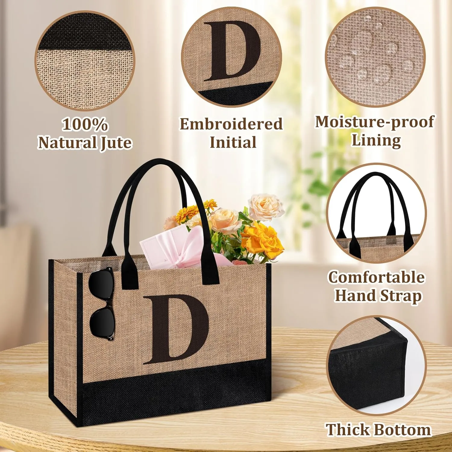 Initial Jute Tote Bag & Makeup Bag, Birthday Gifts for Women Her Mom Teachers Friends