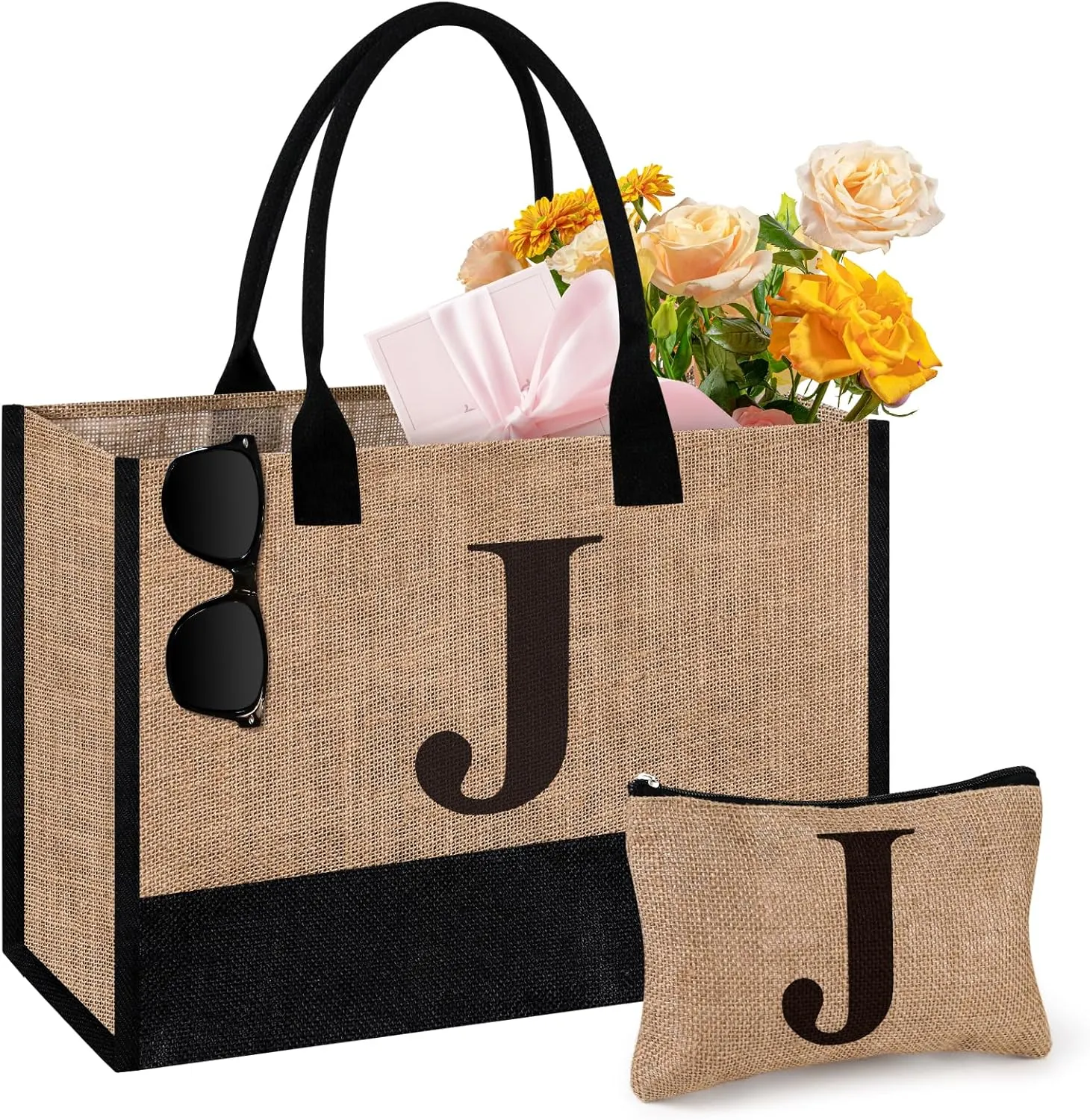 Initial Jute Tote Bag & Makeup Bag, Birthday Gifts for Women Her Mom Teachers Friends