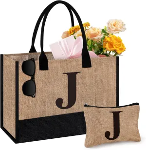 Initial Jute Tote Bag & Makeup Bag, Birthday Gifts for Women Her Mom Teachers Friends