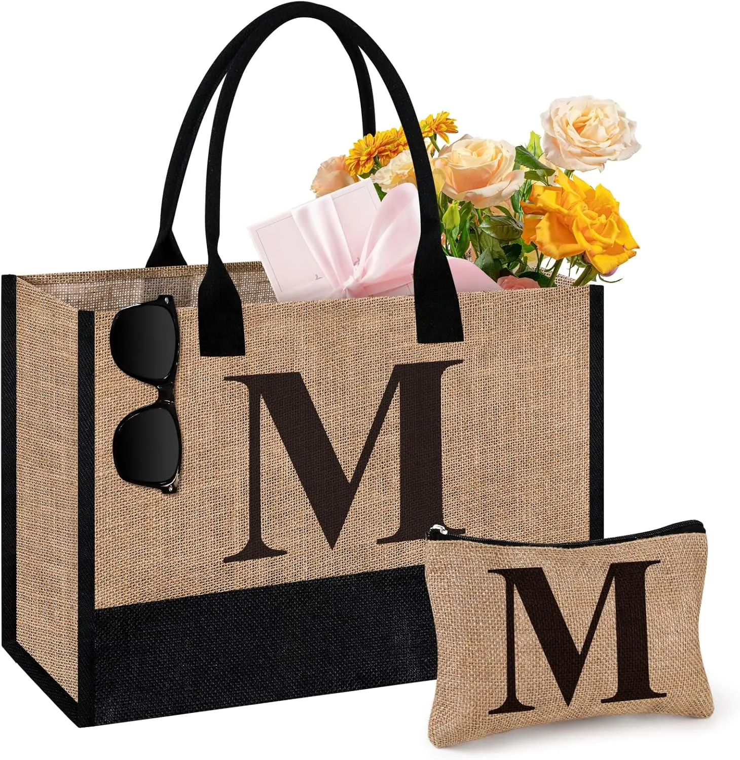 Initial Jute Tote Bag & Makeup Bag, Birthday Gifts for Women Her Mom Teachers Friends