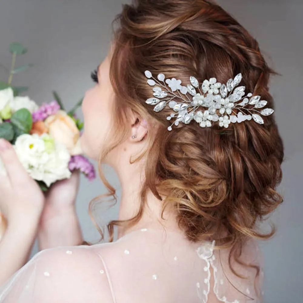 inSowni 17 Pieces Silver Metal Crystal Rhinestone Pearl Bridal Wedding Hair Side Combs Slides U-shaped Flower Hair Pins Pearl Twist Spiral Pearl Hairpins for Brides Bridesmaids Women Girls