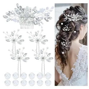 inSowni 17 Pieces Silver Metal Crystal Rhinestone Pearl Bridal Wedding Hair Side Combs Slides U-shaped Flower Hair Pins Pearl Twist Spiral Pearl Hairpins for Brides Bridesmaids Women Girls