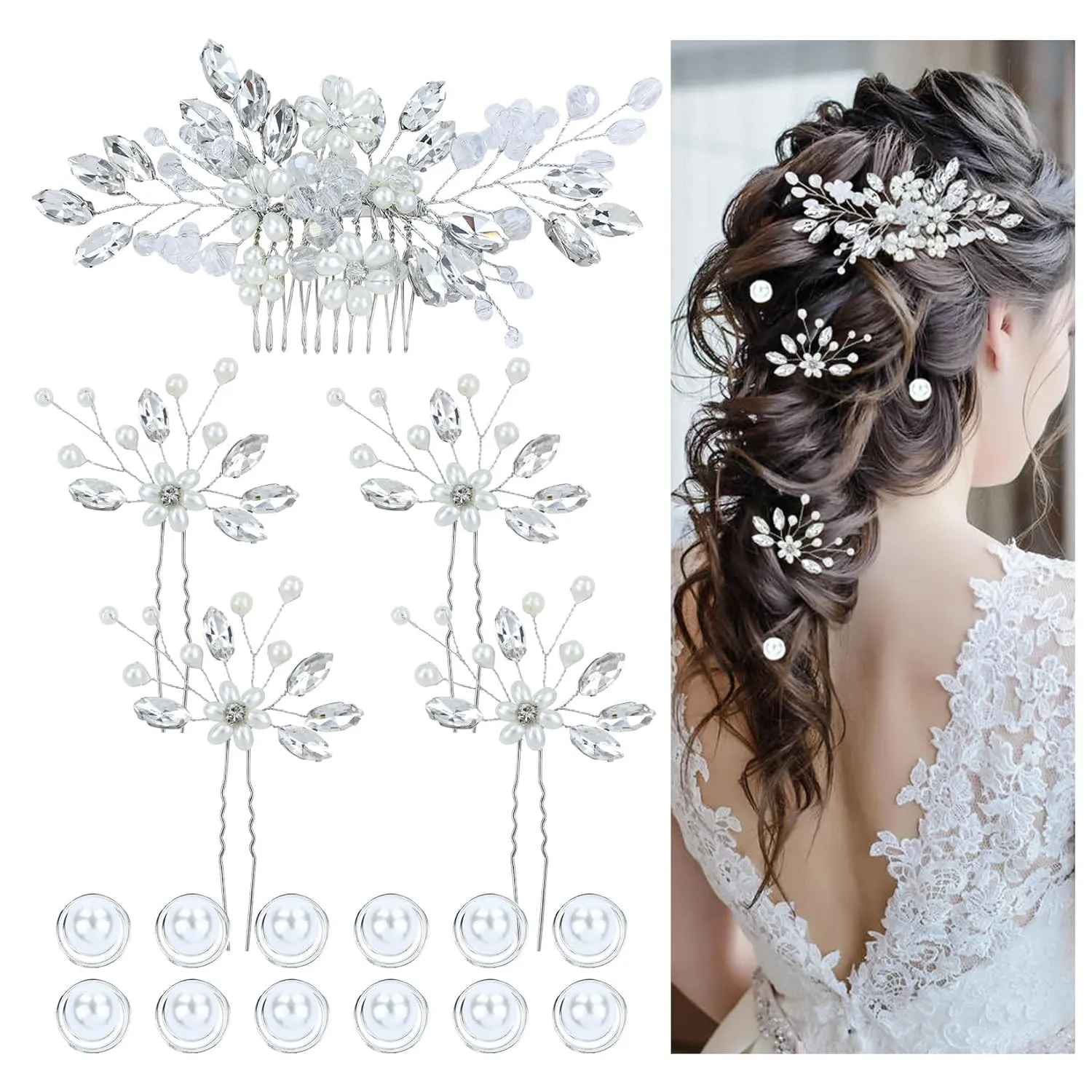 inSowni 17 Pieces Silver Metal Crystal Rhinestone Pearl Bridal Wedding Hair Side Combs Slides U-shaped Flower Hair Pins Pearl Twist Spiral Pearl Hairpins for Brides Bridesmaids Women Girls