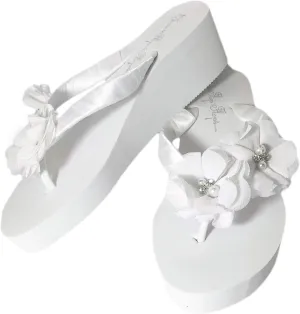 Ivory White Wedge Flip Flops Wedding Bridal Wedge Bride Platform Heel Flower Satin Shoes Sandals Beach