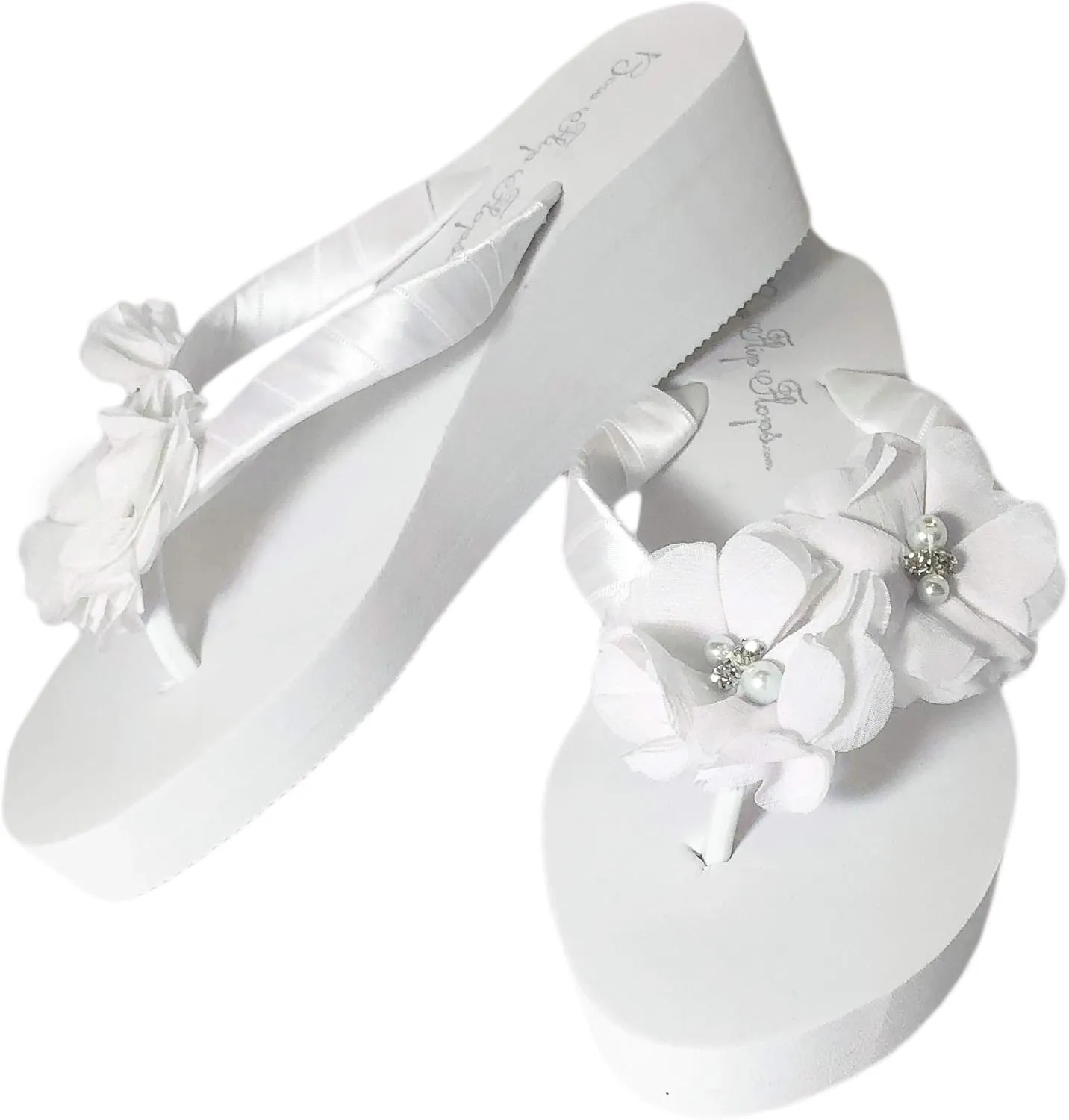 Ivory White Wedge Flip Flops Wedding Bridal Wedge Bride Platform Heel Flower Satin Shoes Sandals Beach