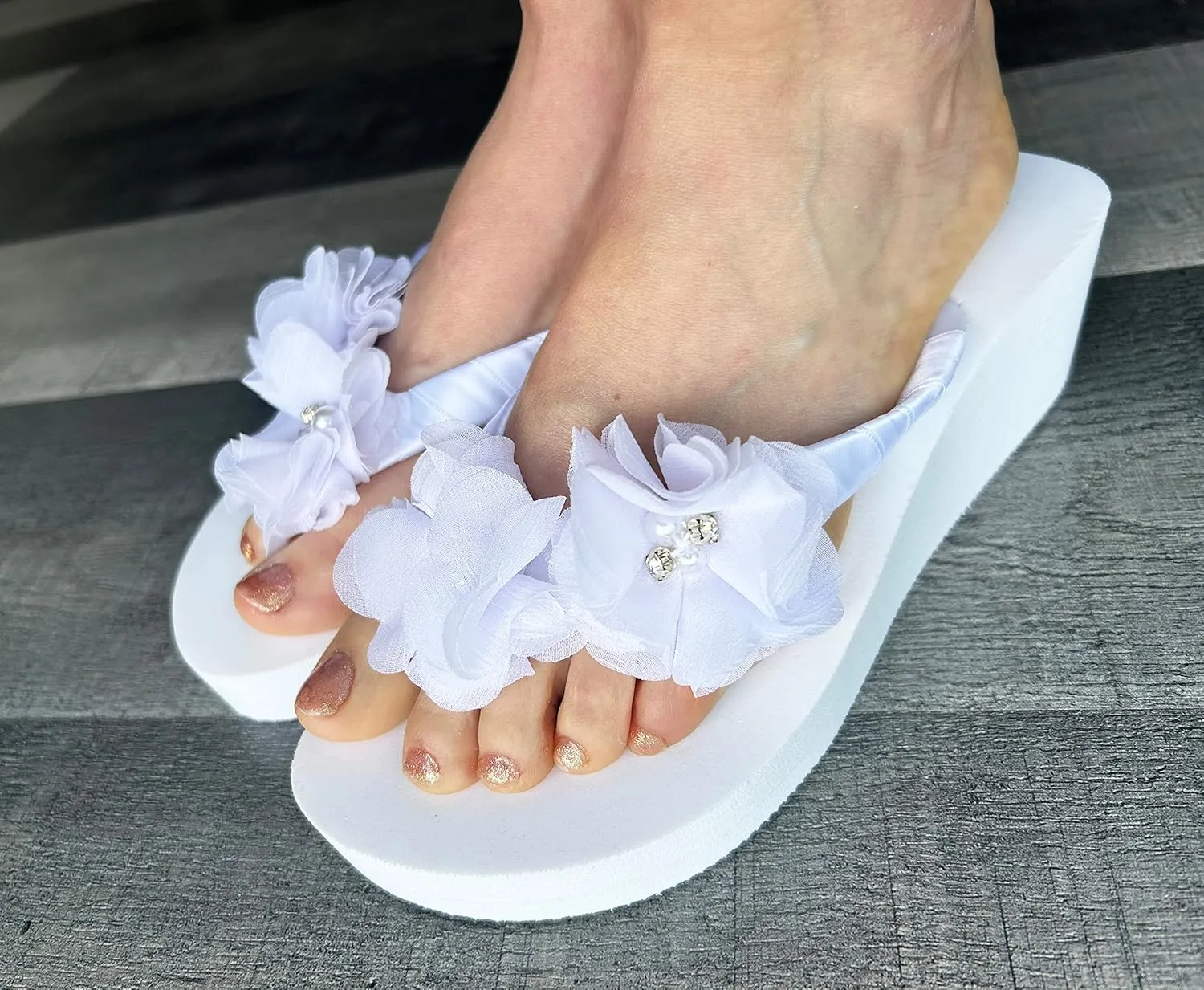 Ivory White Wedge Flip Flops Wedding Bridal Wedge Bride Platform Heel Flower Satin Shoes Sandals Beach