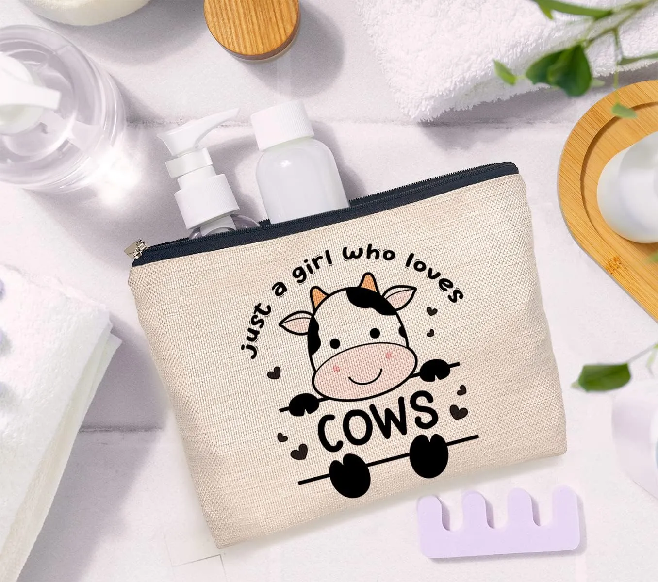 IWXYI Cute Just a Girl Who Loves Cows Decor Cosmetic Bag,Baby Cows Lover Women's Makeup Bag Zipper Pouch Travel Toiletry Gifts For Cows Cow Lover Women Teenage Girls